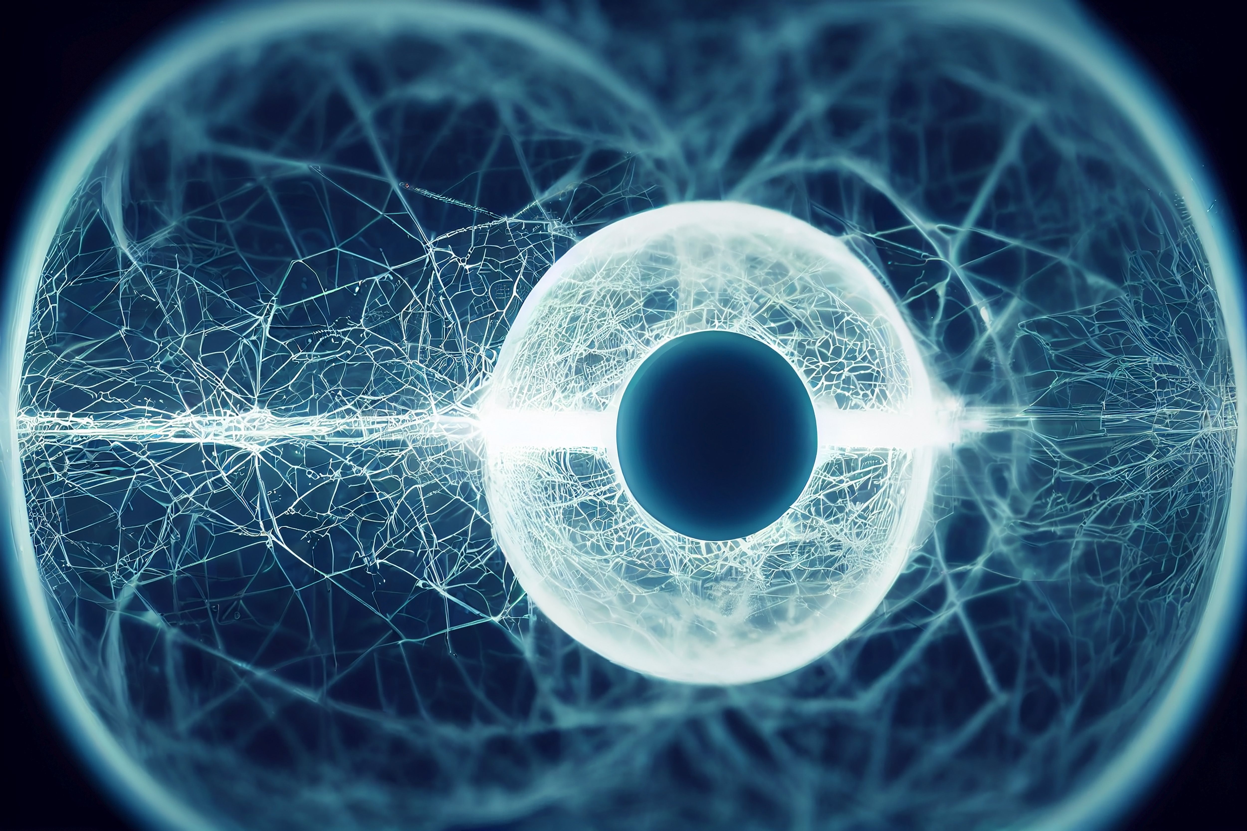 Abstract futuristic eye with complex neural network patterns representing AI-generated synthetic media