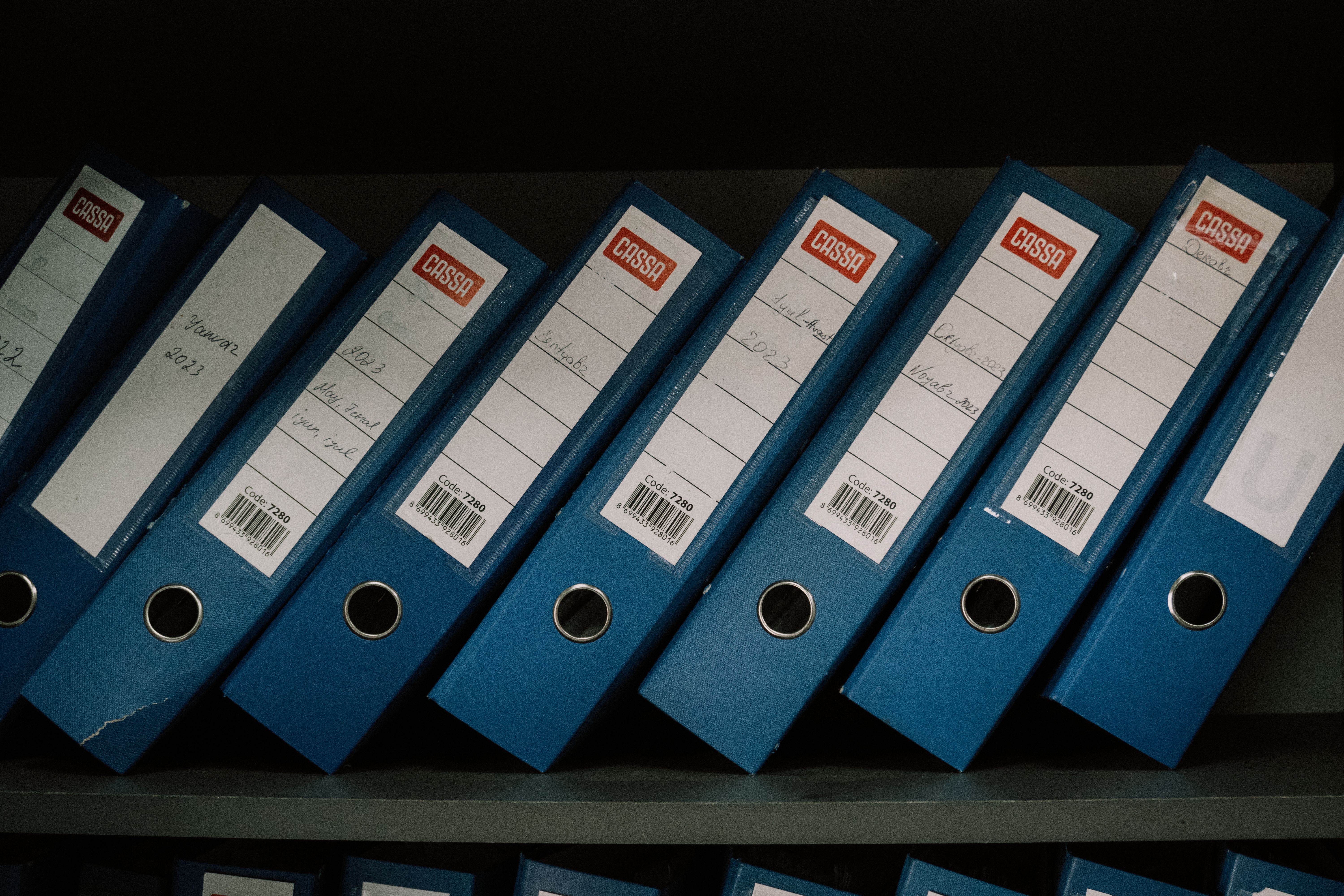 Neatly arranged office binders labeled with dates and names for organized case files