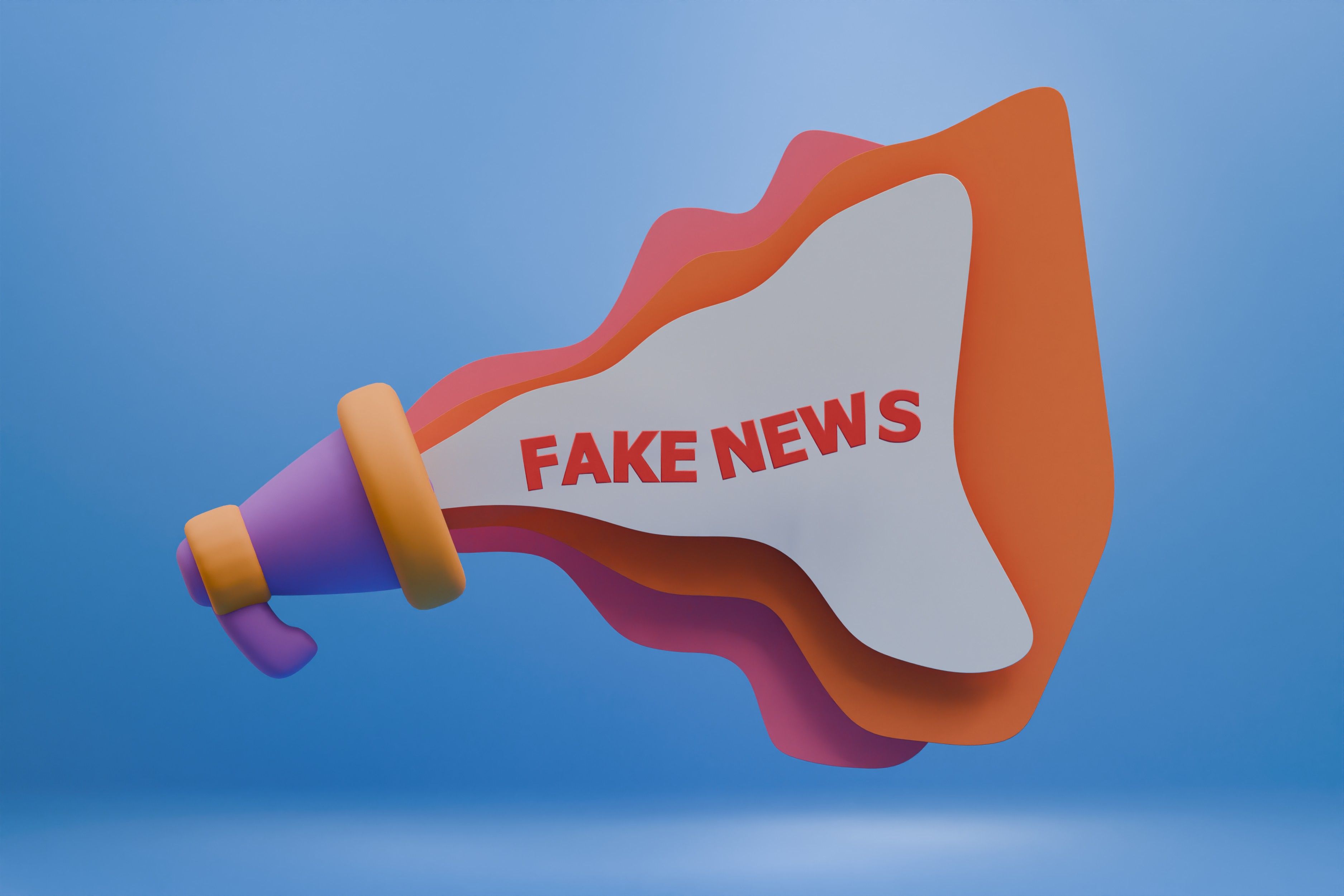 Colorful 3D megaphone with the words Fake News representing disinformation spreading online